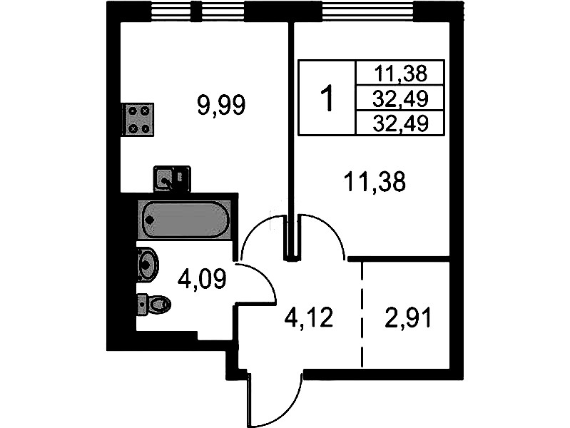 1-комнатная квартира 32.49 м², 3/15 эт., ЖК «Невская Долина»